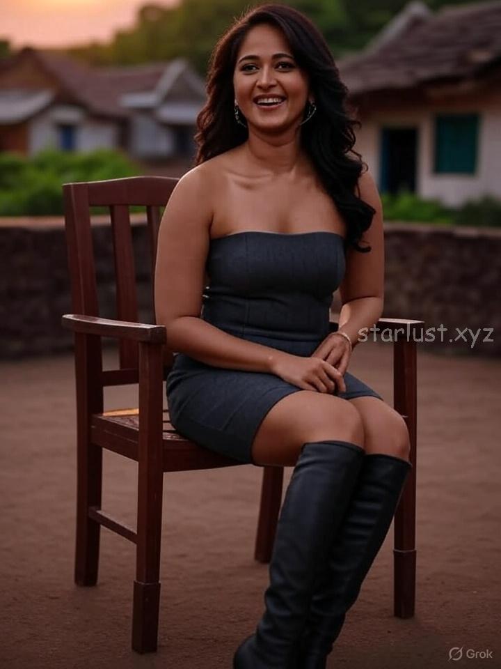 Anushka shetty hot ai images in mini bodycon exposing cleavage and thighs crossed legs HD-starlust (7)