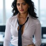 Anuska shetty stylish look with glasses and thighs,cleavage and navel show HD AI (99)